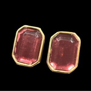 Joan Rivers Rectangle Rose Pink Faceted Gold Tone Pierced Earrings Stud Signed